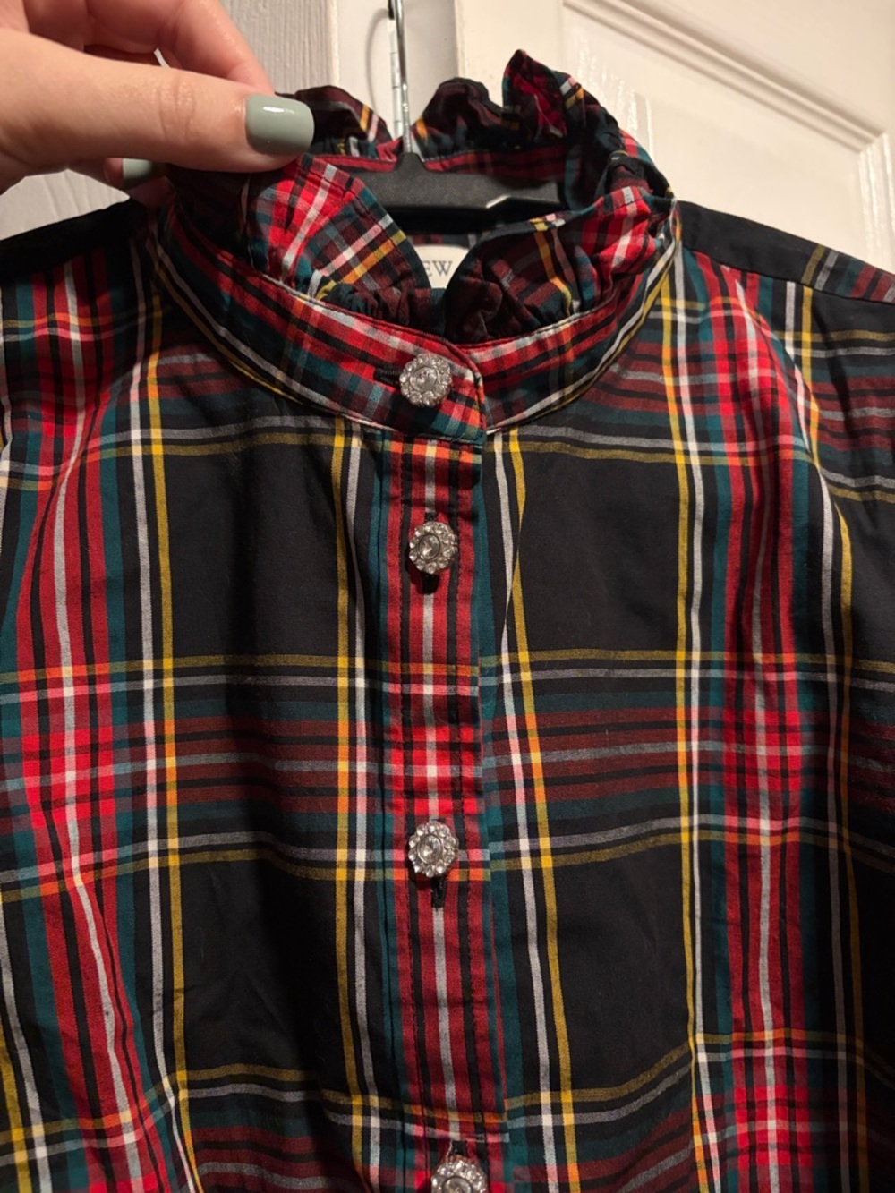J. Crew Plaid Ruffle-Neck Rhinestone Button-Down Shirt - Picture 2 of 4